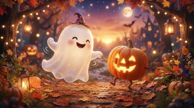 A Little Cute Casper Geist Having Joyful Fun In Halloween With A Playful Pumpkin In An Autumn Forest
