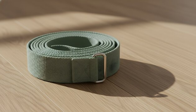 Rolled sage green yoga strap on wooden floor in soft natural sunlight for mindful stretching workout and healthy lifestyle concept