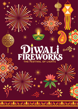Diwali fireworks festive poster with colorful fireworks, diyas and traditional Indian decorative motifs