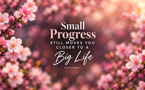 Inspirational quote &ldquo;Small Progress Still Moves You Closer to a Big Life&rdquo; on a soft pink floral background, celebrating patience, consistency, growth, and daily improvement.