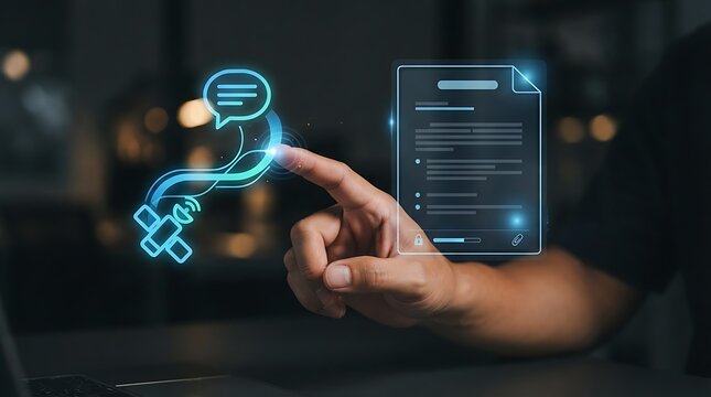 Business professional interacting with a futuristic satellite communication hologram to review secure documentation and technical reports