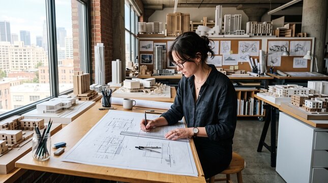 Female Architect Working on Blueprint in Studio