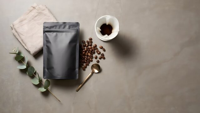 Black Coffee Pouch Mockup with Roasted Beans and Pour Over Filter on Neutral Background