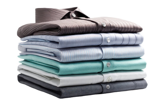 Stack of folded clean towels with hang tag isolated on transparent background. Organized stack of folded shirts in various colors isolated on white background.