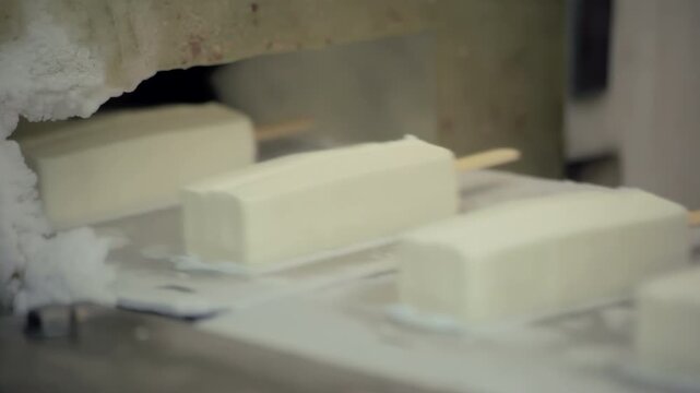 Vanilla popsicles moving conveyor frosty freezer. Close up ice cream factory.