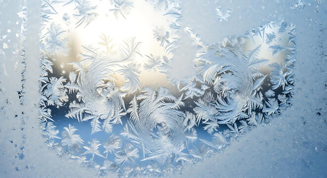 Intricate frost patterns on a cold glass window pane during a winter day