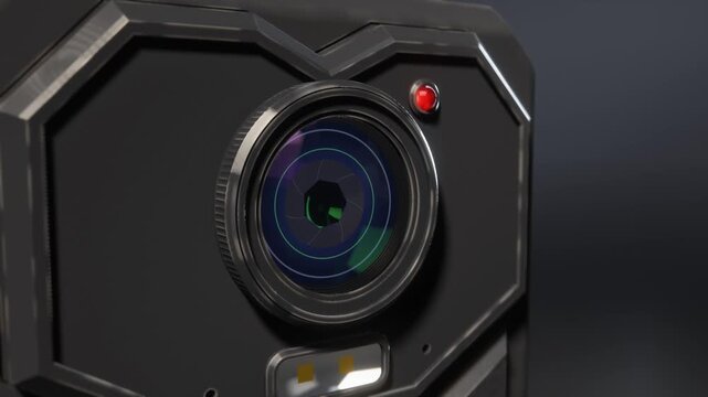 Police Body Camera Lens Close-Up Pulling Back to Full Device
