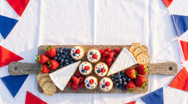 Wooden board with cupcakes, fresh berries, cheese, crackers on white tablecloth.