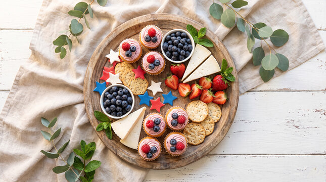 Red white and blue dessert platter with berries cheese and crackers.