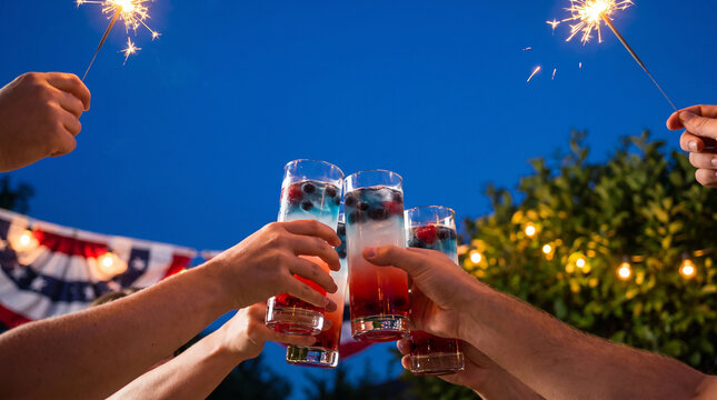 Hands clinking glasses with red white and blue drinks with sparklers.