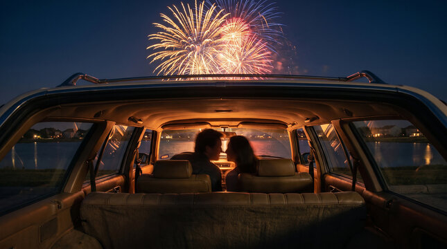 Couple watching colorful aerial fireworks display from wagon car by lake.