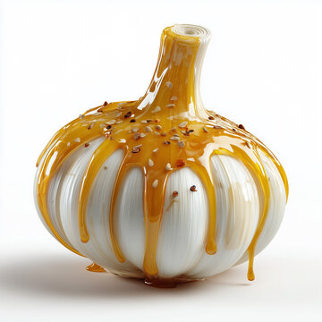 Stylized garlic bulb with golden liquid drips
