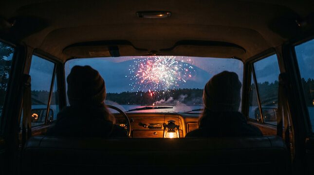 Two people watch bright colorful aerial fireworks display from car front.