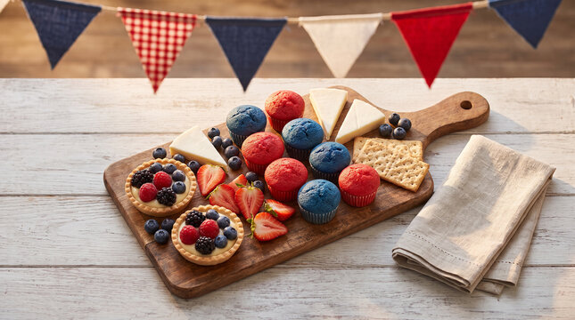 Fruit tarts and colorful cupcakes on wooden serving tray with bunting.