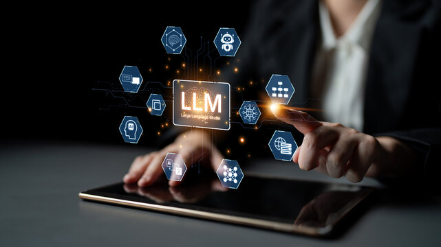 Large Language Model LLM processing data. Represents deep text learning, natural language processing NLP AI tech, transformer architecture, and generative AI deep learning future technology. Corpus