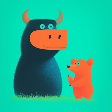 Blue bull and orange bear on a green background