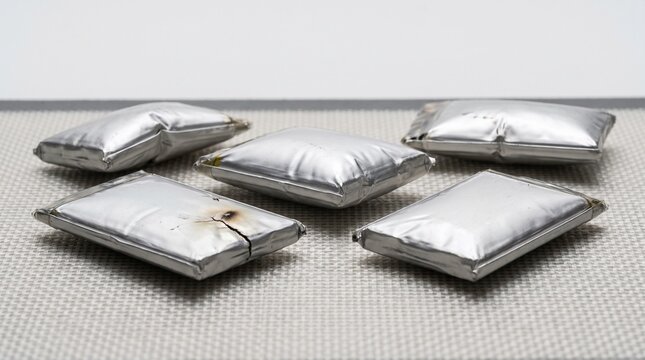 Swollen and damaged lithium ion mobile phone batteries on white