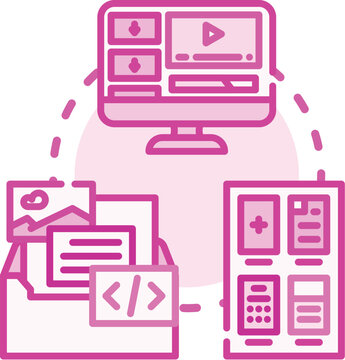 Downloadable template set concept involving digital content, a laptop receiving files from a dlc folder, and documents being downloaded and opened, symbolizing data acquisition and usage