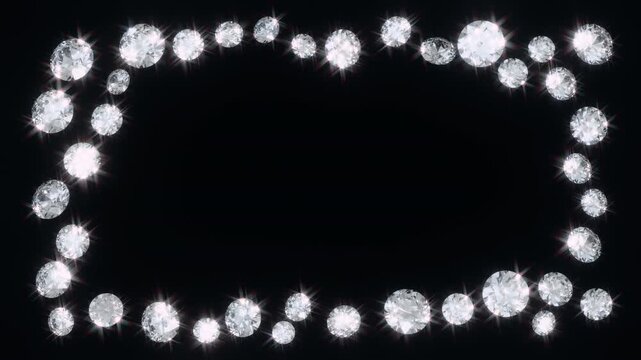 3D sparkling brilliant cut elegant diamonds frame seamless loop animation with photorealistic dispersion and certainly IOR, Abbe value, procedural 3d render on black background.