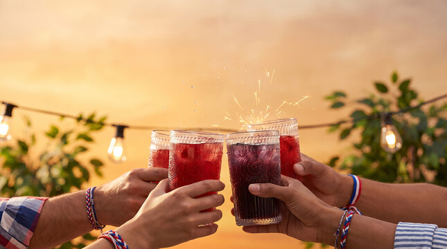 Hands holding glasses with red layered drinks during sunset toast event.