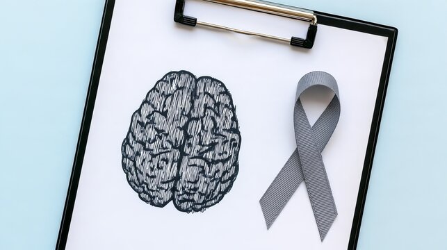 Brain concept on clipboard, gray ribbon on blue.