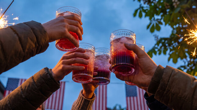 Group of diverse people toasting colorful beverages against flags at night.