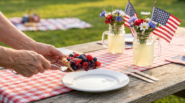 Woman serving berry pie on red checkered table cloth on wooden park table.