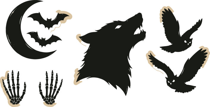 Spooky Halloween Sticker Set with Howling Wolf Crescent Moon Bats Skeleton Hands and Owls Silhouette Clip Art Isolated on White Background