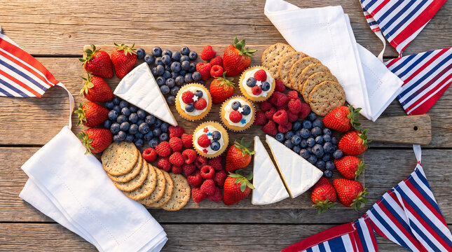 Colorful fruit and cheese board with crackers and mini cupcakes.