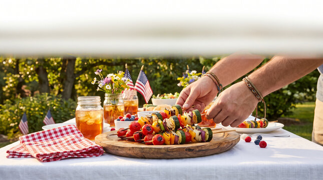 Serving vegetable skewers from platter at outside table.