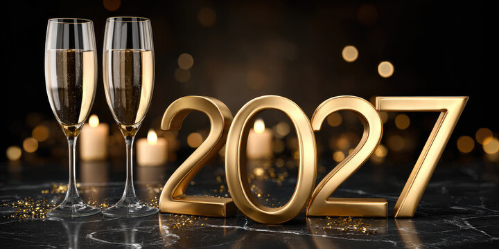 Golden numbers 2027, two champagne flutes, burning candles, and festive ornaments standing on a black marble surface with sparkling bokeh lights creating a celebratory new year atmosphere
