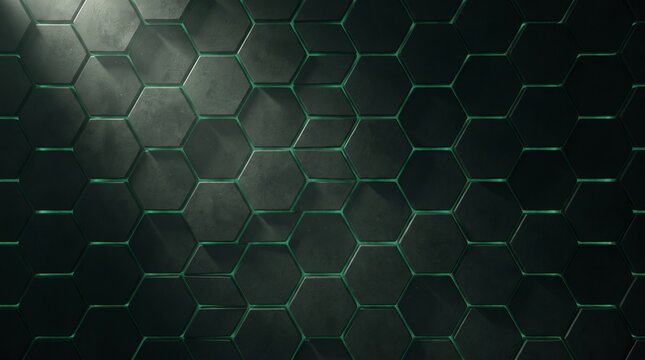 Hexagon pattern background with dark metallic tiles and green glowing light