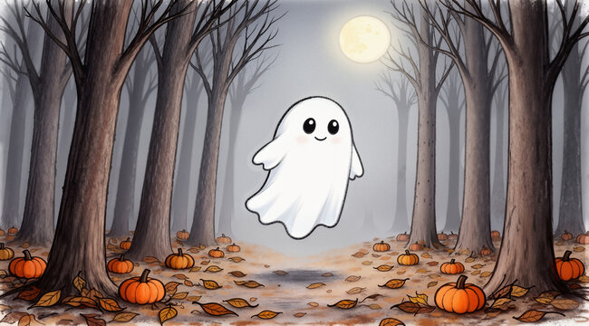 Gentle naive hand-drawn friendly ghost in the middle of the forest. Cute storybook Halloween illustration.
