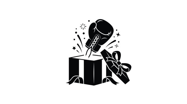 Boxing glove bursting from an open gift box black silhouette