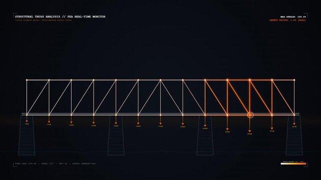 Structural Truss Bridge Wireframe Loop, Civil Engineering Background, Infrastructure Concept, Load Bearing Analysis, 4K Canvas
