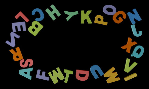 Colorful wooden alphabet letters frame isolated on black background