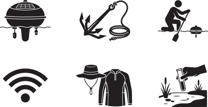 Nautical and Outdoor Activity Icons: Buoy, Anchor, Kayaker, Wi-Fi, Sun Hat, Rash Guard, Water Testing Vector Set