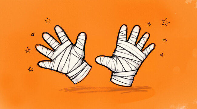 Playful naive hand-drawn mummy hands on orange background. Fun sketch style Halloween illustration for cards.
