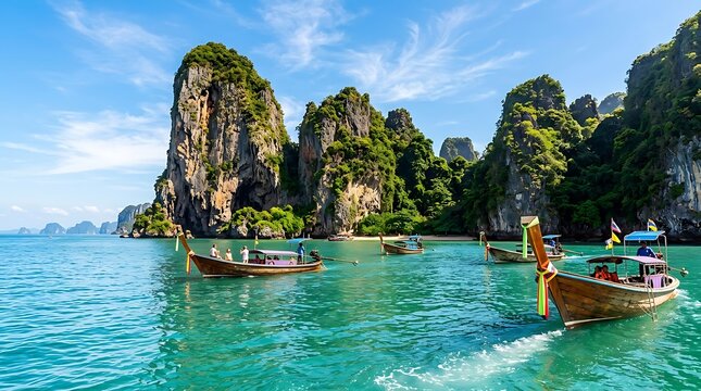 Traditional longtail boats floating near limestone karst cliffs in