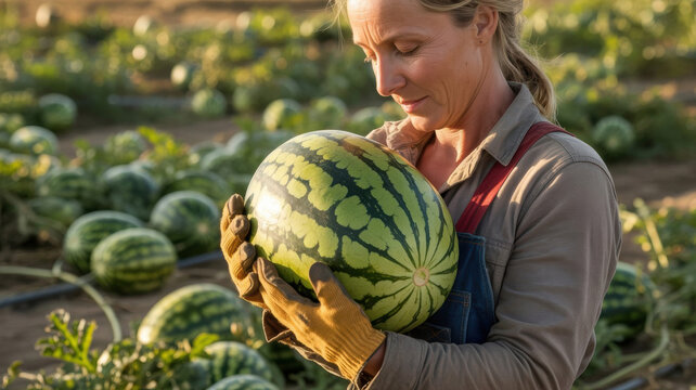 A farmer in work gloves is holding a large, ripe watermelon in his hands, squatting in the middle of the melon patch.