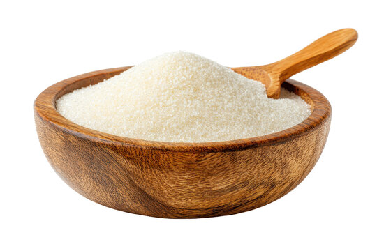 Natural sweetness in a rustic setting granulated sugar in a wooden bowl isolated on transparent background.