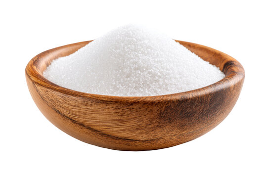 A simple display of granulated sugar in a rustic wooden bowl isolated on transparent background.