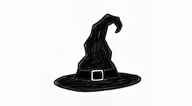 Simple naive hand-drawn black witch hat isolated on white. Cute sketch style Halloween illustration.
