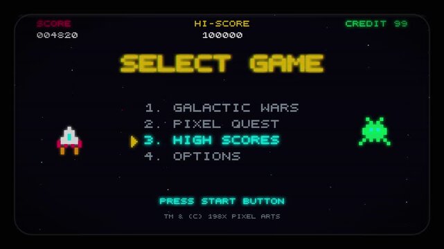 Retro Arcade CRT Select Game Menu 8 Bit Pixel Space Invaders Loop