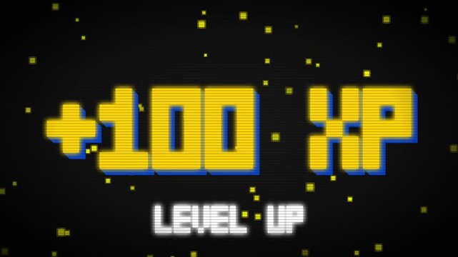 Retro 8 Bit Pixel Level Up Plus 100 XP Arcade Game Typography Screen