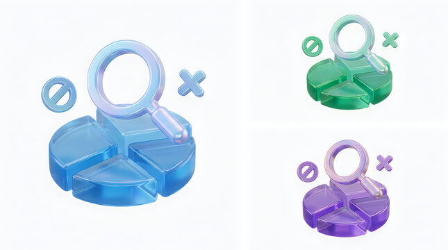 3d rendered icons of magnifying glass over pie charts in blue, green, and purple colors isolated on white background