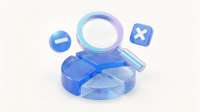 3d render of a magnifying glass over a blue pie chart with minus and multiplication symbols isolated on white background