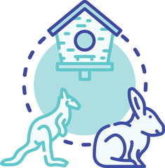 Fototapeta premium Cute llama and sheep standing near a barn illustration, portraying domestic livestock on a ranch or in a rural farming environment