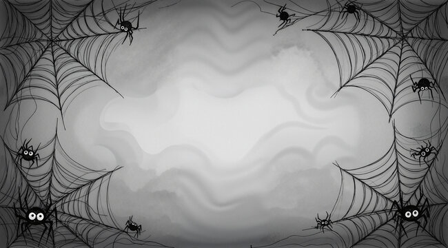 Spooky naive hand-drawn spider webs framing foggy background for Halloween banner. Chalk style illustration.
