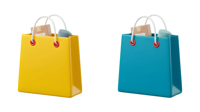 A 3d rendering of a yellow shopping bag and a blue shopping bag isolated on white background